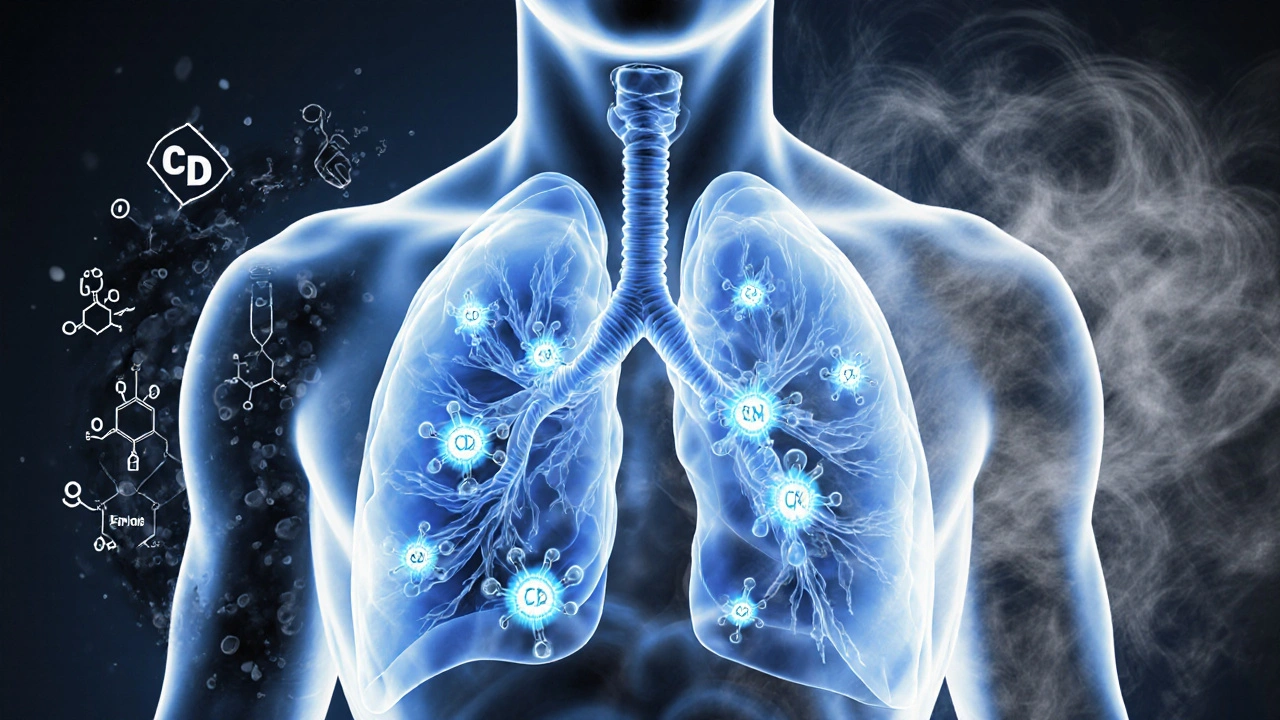 Gesunde Lunge mit CBD-Molekülen, kontrastiert mit giftigen Chemikalien in der Luft.