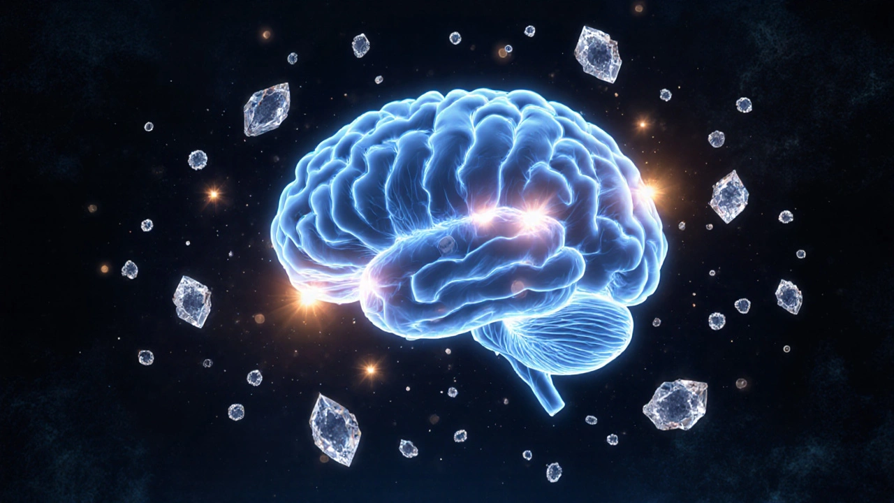 Glowendes Nervensystem mit CBD-Kristallen, die die Angstzentrale beruhigen.