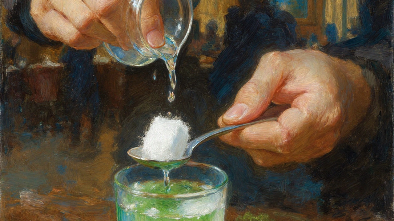 Hände gießen langsam Wasser über einen Zuckerklumpen auf einem Löffel über Absinth.