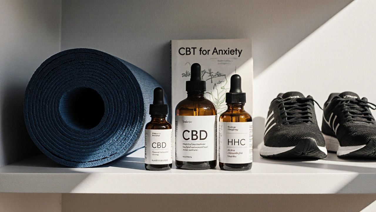 HHC, CBD und andere Methoden zur Angstbewältigung: Ölflaschen, Yoga-Matte, Buch und Laufschuhe.