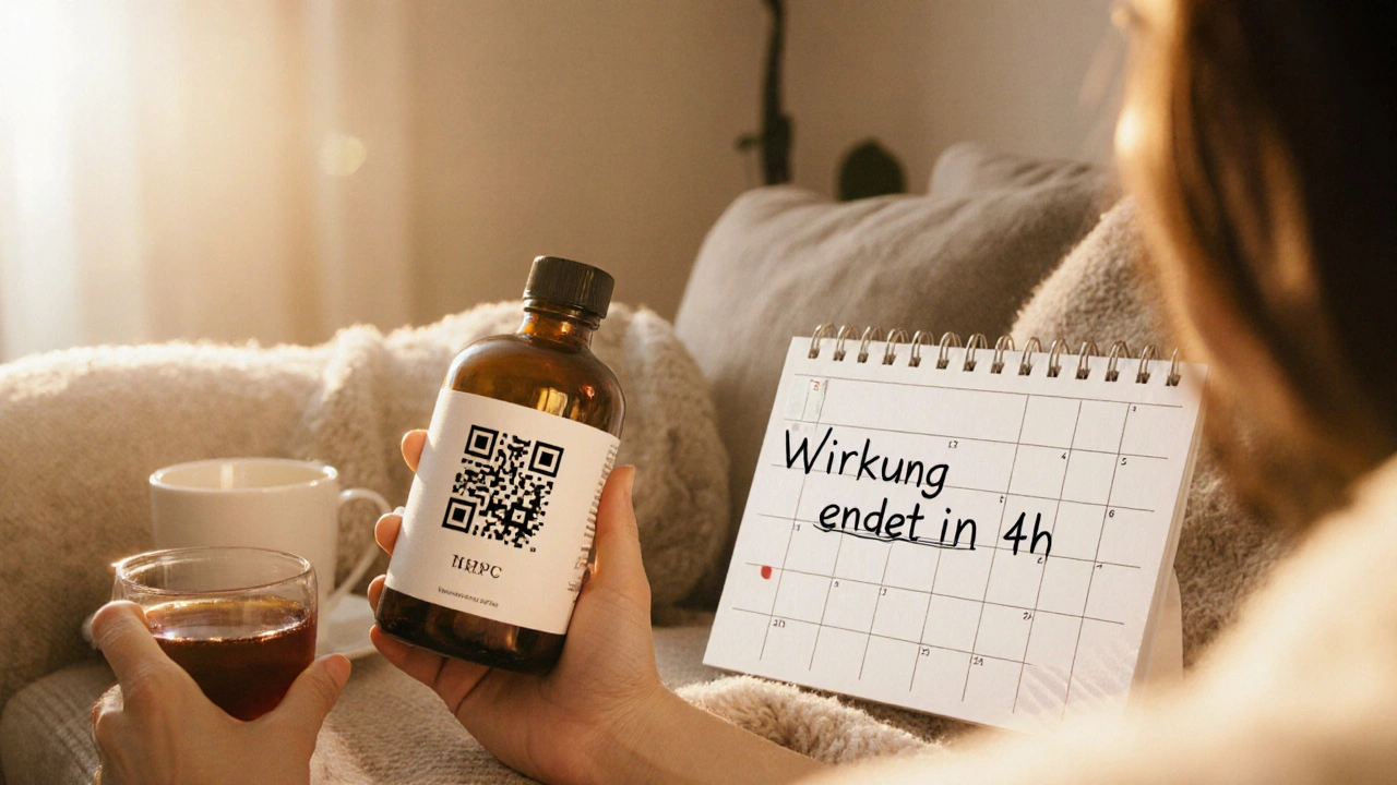 Jemand entspannt abends mit einer HHC-Flasche und einem QR-Code auf dem Tisch.