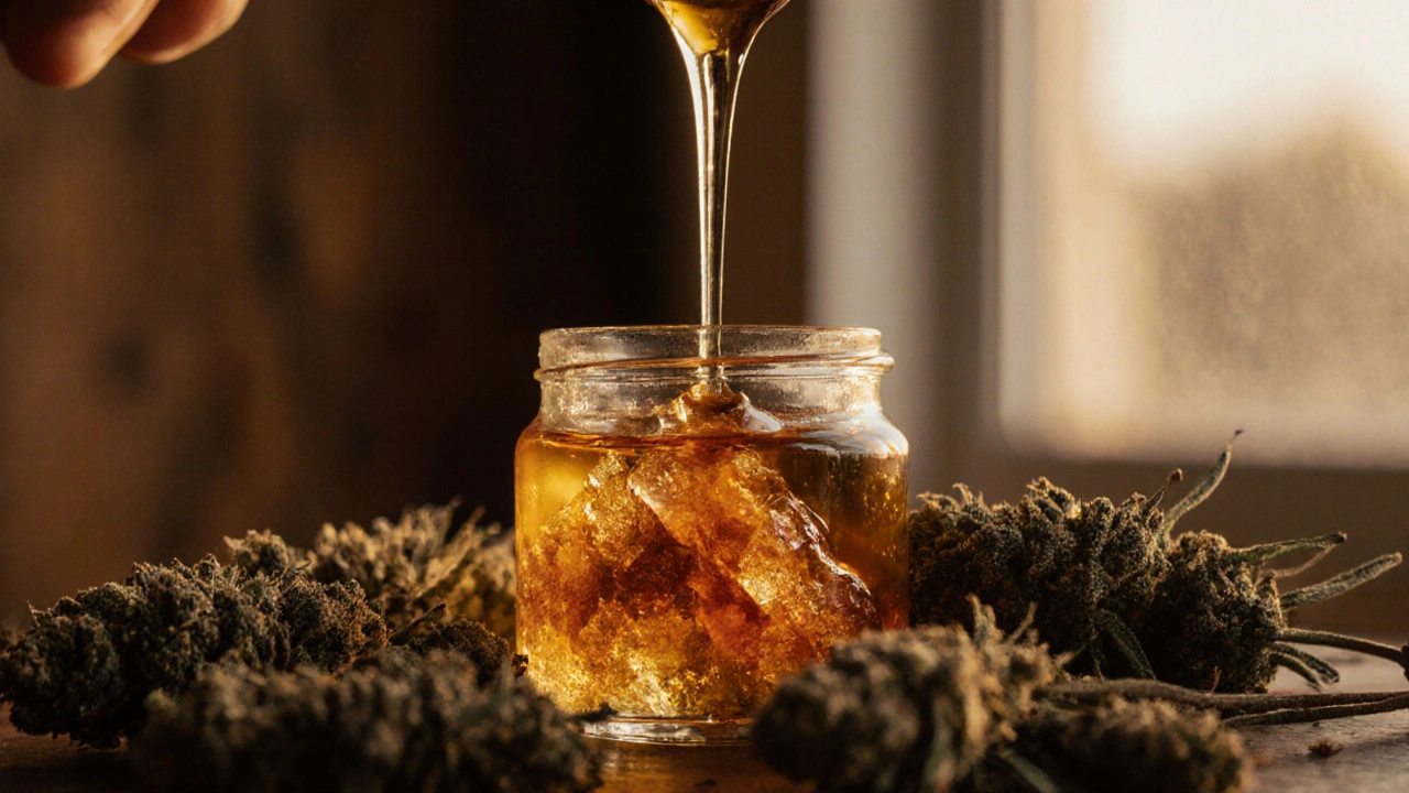 Klebriges CBD-Resin in Glasgefäß mit Hanfblüten und natürlichem Licht