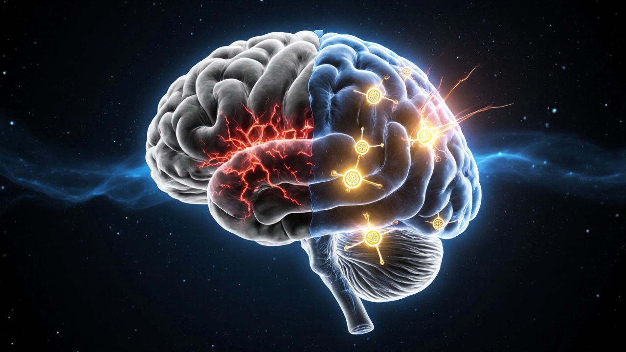 Konzeptuelle Darstellung eines Gehirns, das von Nebel zu Klarheit durch CBD transformiert wird.