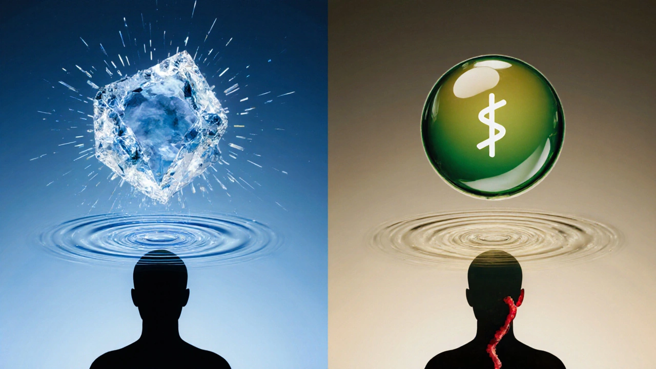 Konzeptuelles Bild: schnelle Wirkung von Shatter vs. langsame von Resin