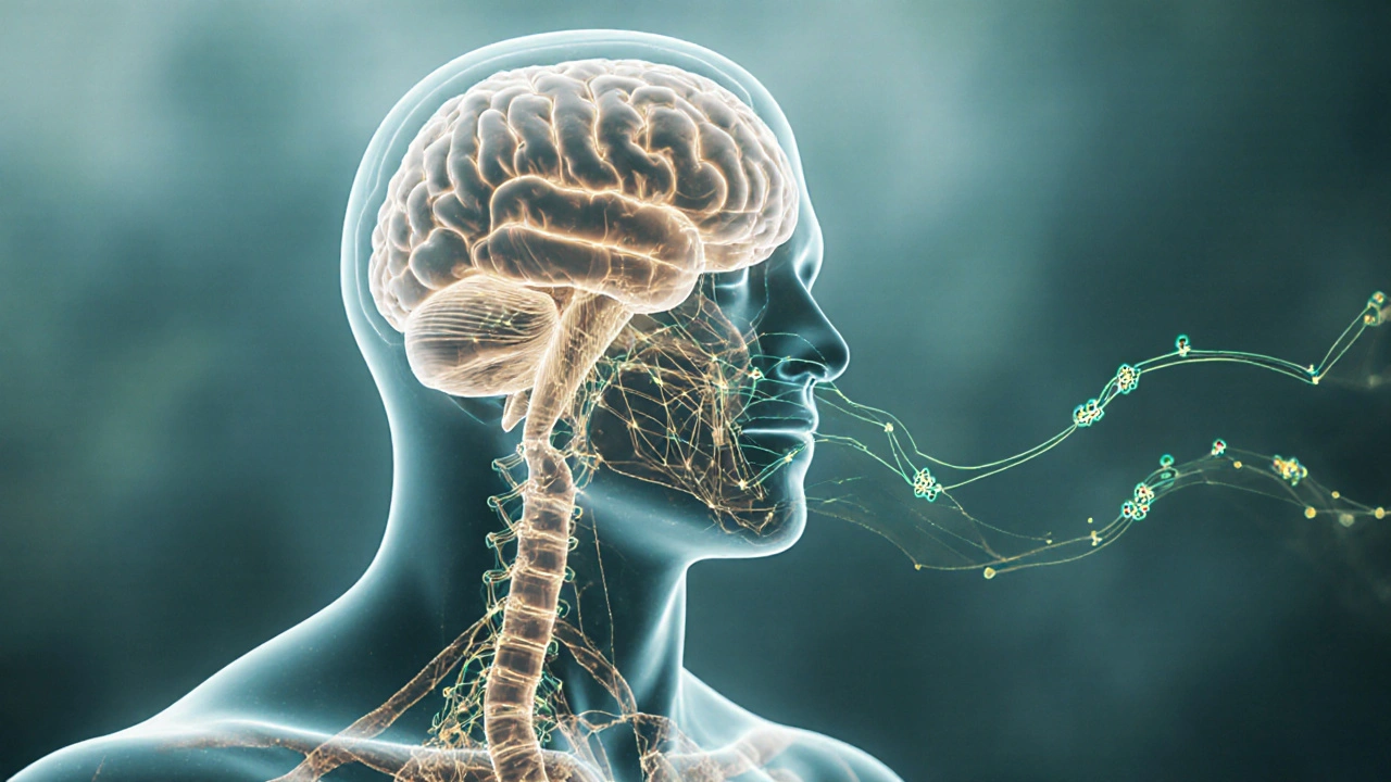 Körper mit leuchtendem Endocannabinoid-System, das CBD-Moleküle im Gehirn und Darm empfängt, in sanften Farben dargestellt.