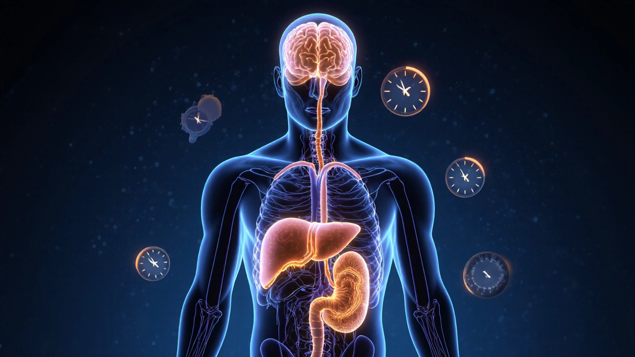 Körper mit leuchtenden Metaboliten-Wegen, die die lange Wirkdauer von HHC zeigen.