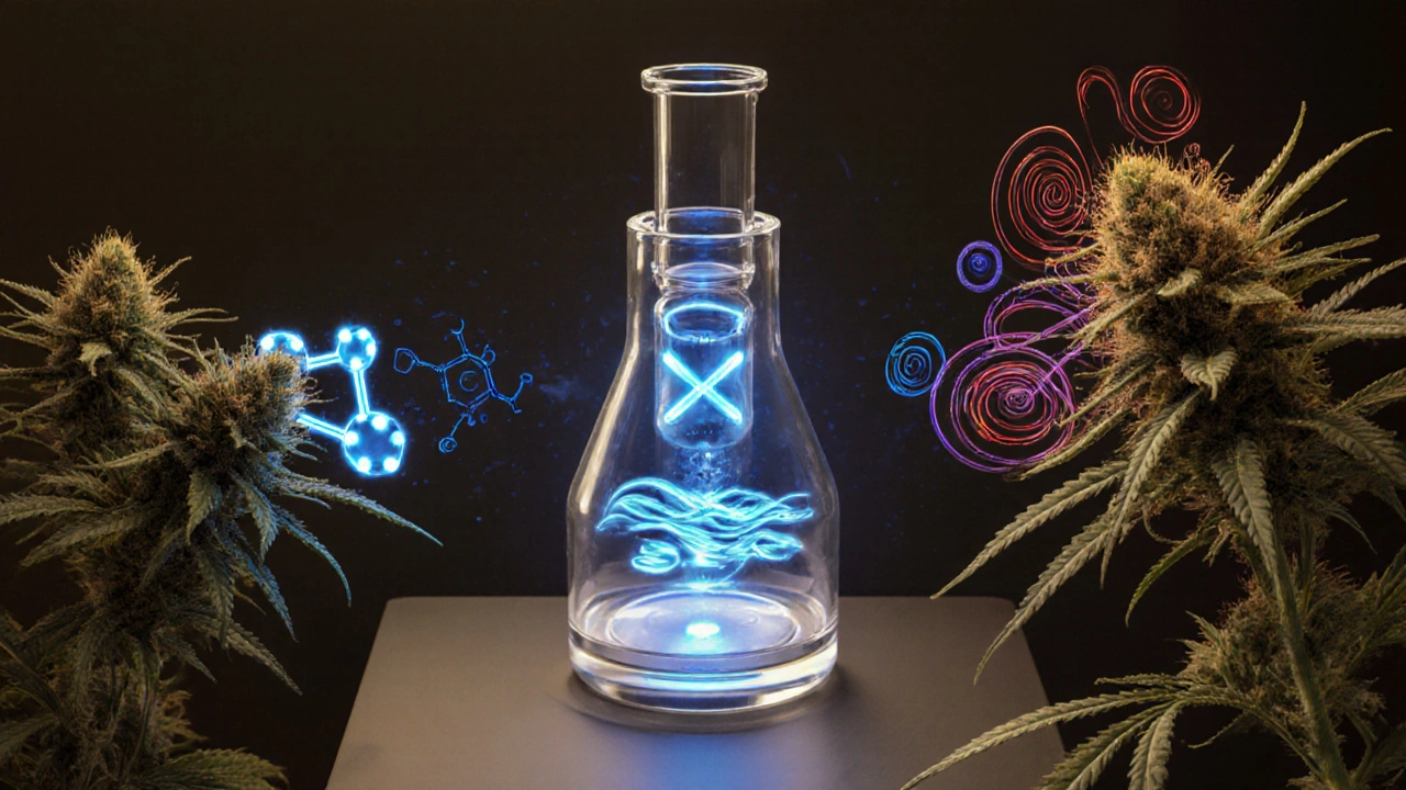 Künstlerische Darstellung der Umwandlung von CBD zu HHC mit Wasserstoffatomen und terpenen-betonten Wirkstoffen.