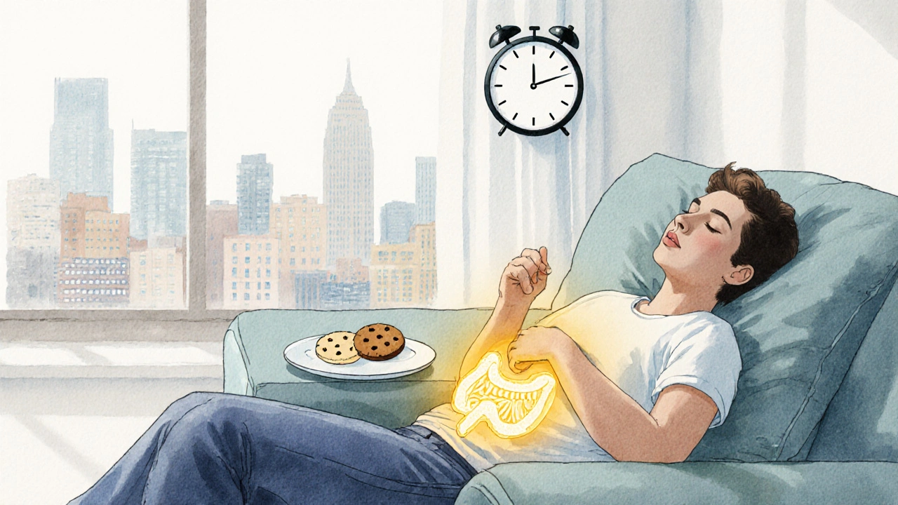 Mensch liegt entspannt auf der Couch, goldenes Licht strahlt sanft aus dem Bauchbereich.