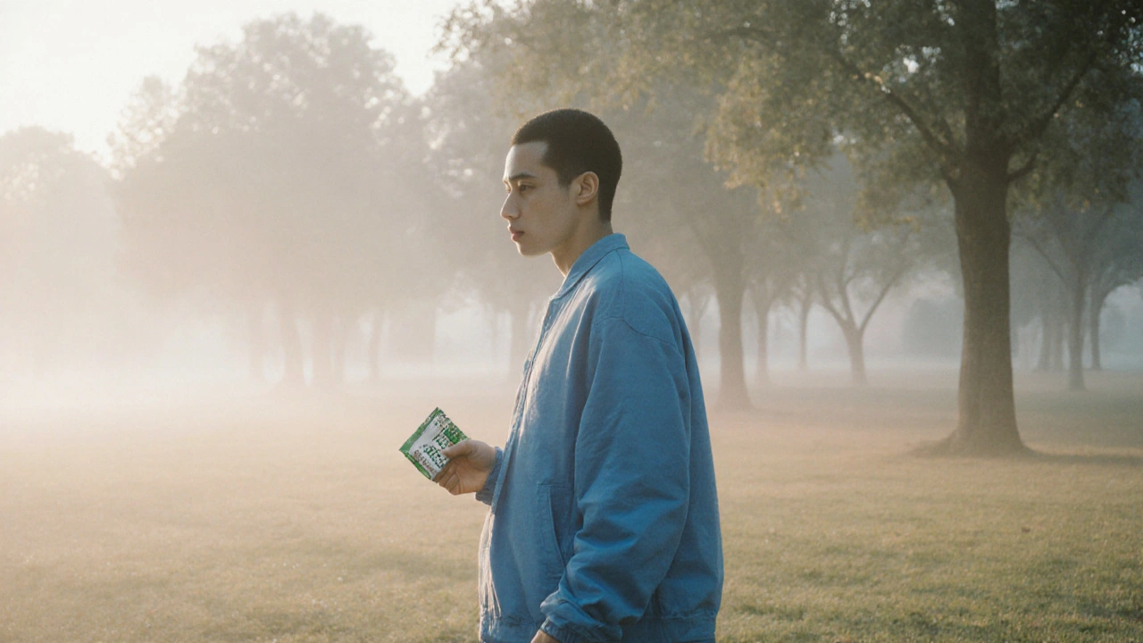 Mensch spaziert friedlich durch einen morgendlichen Park, hält eine CBD-Kaugummiverpackung, Umgebung in Nebel getaucht.