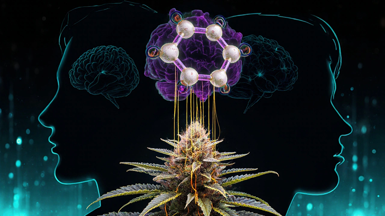 Molekulare Struktur von THCV über einer genetisch gemischten Cannabispflanze, mit leuchtenden Verbindungen zum Gehirn.