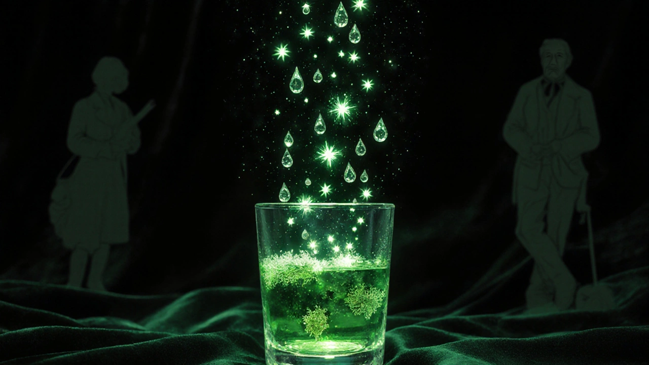 Mystische Darstellung von Absinth-Aromen, die als leuchtende Pflanzenpartikel aufsteigen.