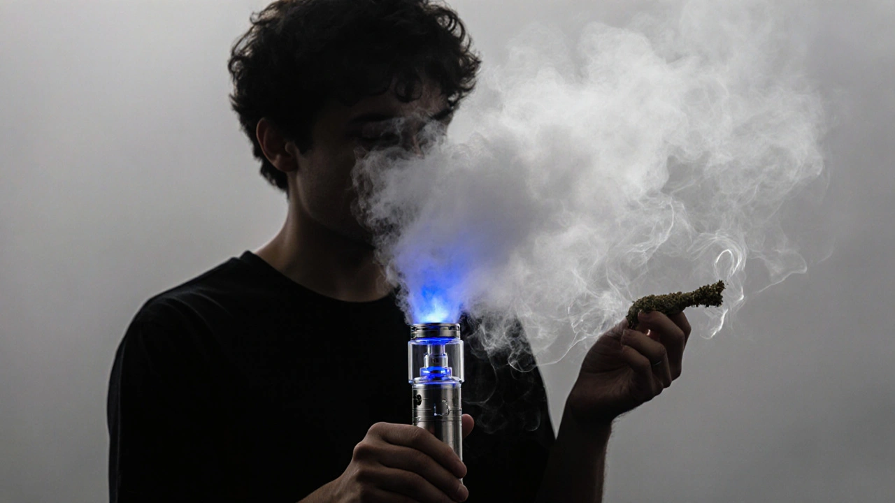 Person dampft mit hochwertigem Gerät, während Rauch hinter ihr verblassen.