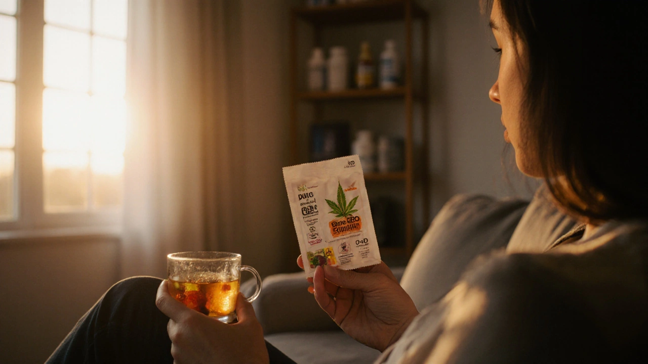 Person hält CBD-Gummibärchen-Packung mit 100 mg Label, abendliches Licht, ruhige Atmosphäre zu Hause.