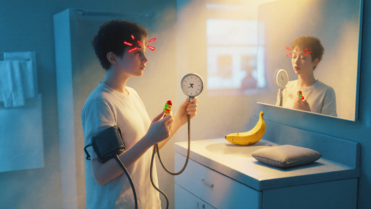 Person im Badezimmer mit CBD-Gummibärchen und Blutdruckmessgerät, Gesicht in Unwohlsein.