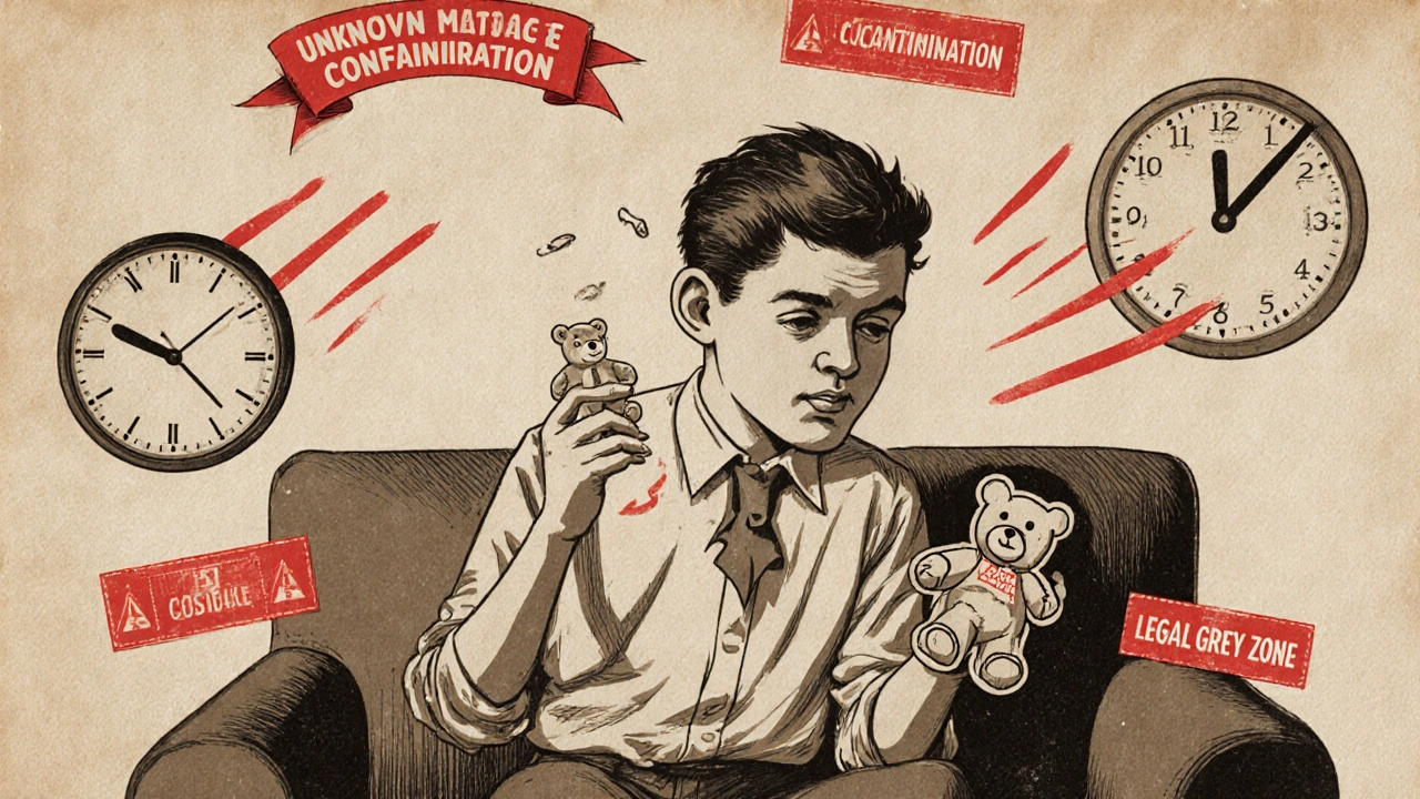 Person in Verwirrung mit unmarkiertem Gummibärchen, umgeben von Warnbeschriftungen im Vintage-Poster-Stil