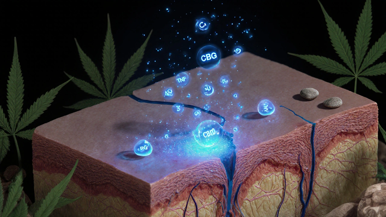 Querschnitt der Haut mit CBG-Molekülen, die tiefer in die Schichten eindringen als CBD.