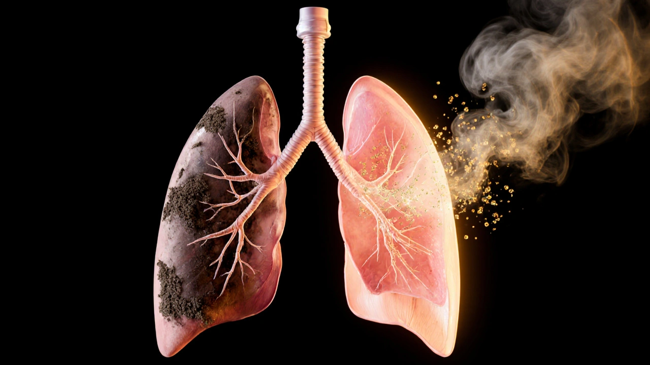 Querschnitt einer Lunge: eine Seite verschmutzt durch Rauchen, die andere klar durch Dampfen.