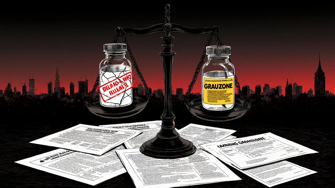 Rechtsskala mit Delta-9 und Delta-8, umgeben von Warnhinweisen und Laborberichten.