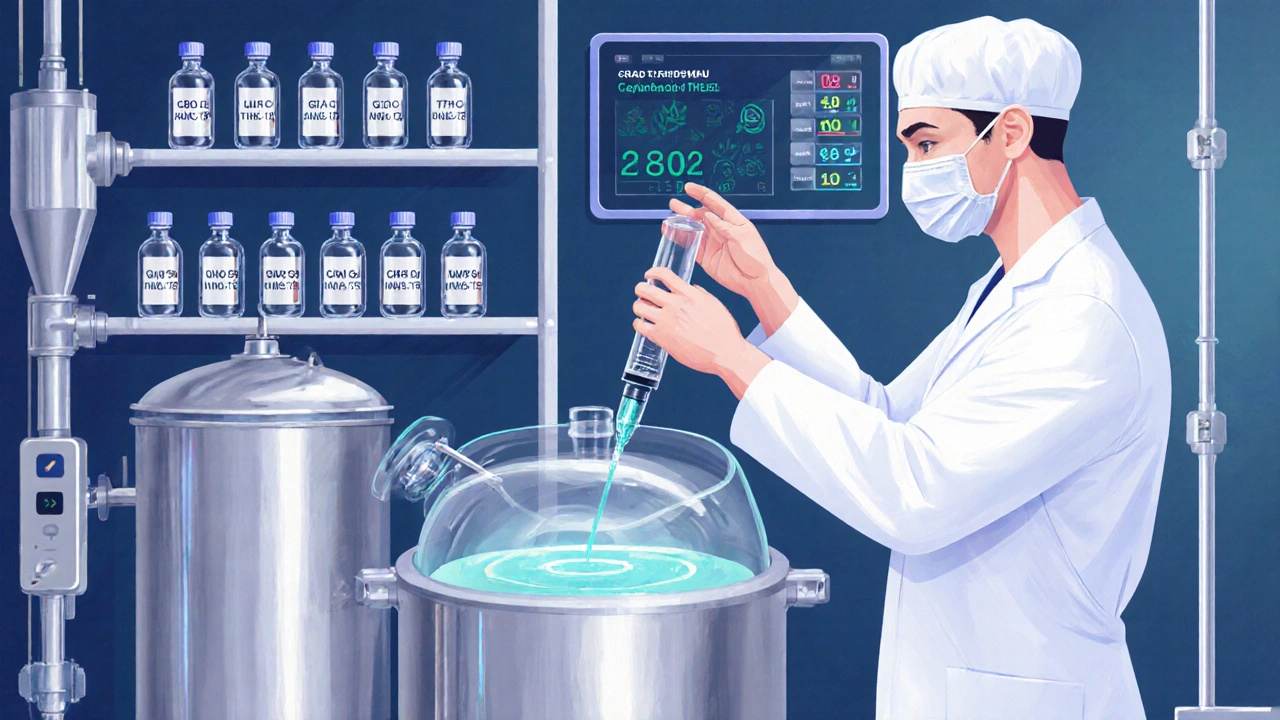 Techniker in Laboratorium, fügt klare Cannabinoid-Lösung in Brautanlage ein.