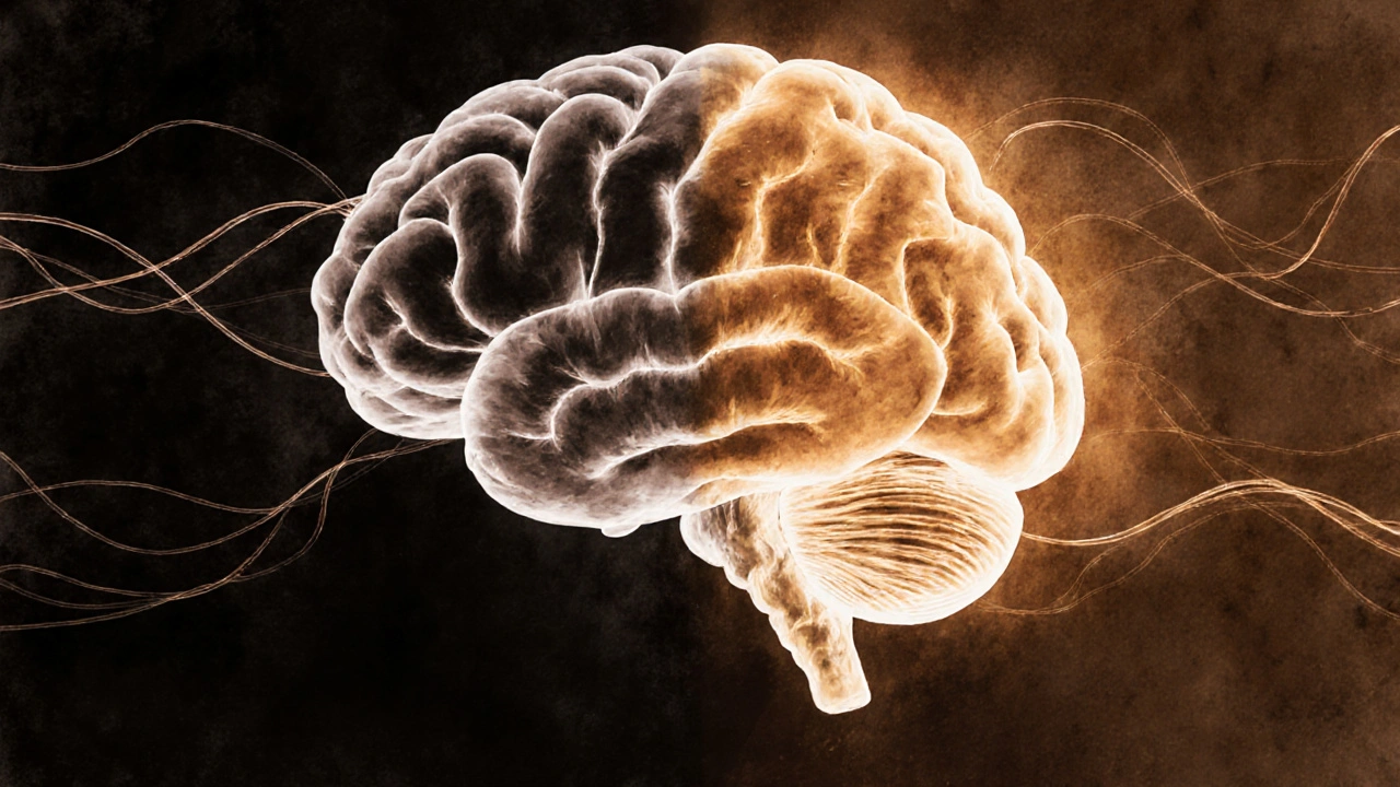 Transluzente Darstellung eines Gehirns, das CBDs beruhigende Wirkung auf das Endocannabinoid-System zeigt, ohne Rauscheffekte.