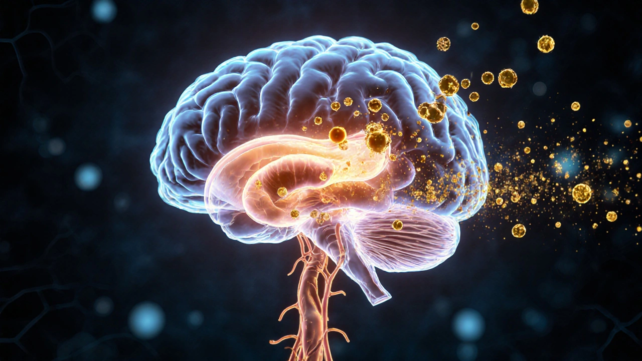 Transparenzdarstellung eines Gehirns mit THC-Molekülen, die in der Leber umgewandelt werden.