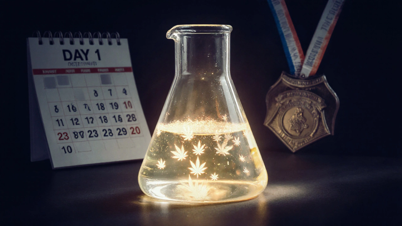 Urinprobe mit sichtbaren Metaboliten-Spuren, Kalender zeigt 30 Tage an.