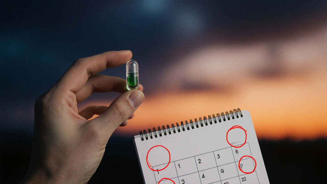 Zwei Hände halten eine CBD-Kapsel neben einem Kalender mit drei markierten Wochen, symbolisch für die Wirkung über Zeit.