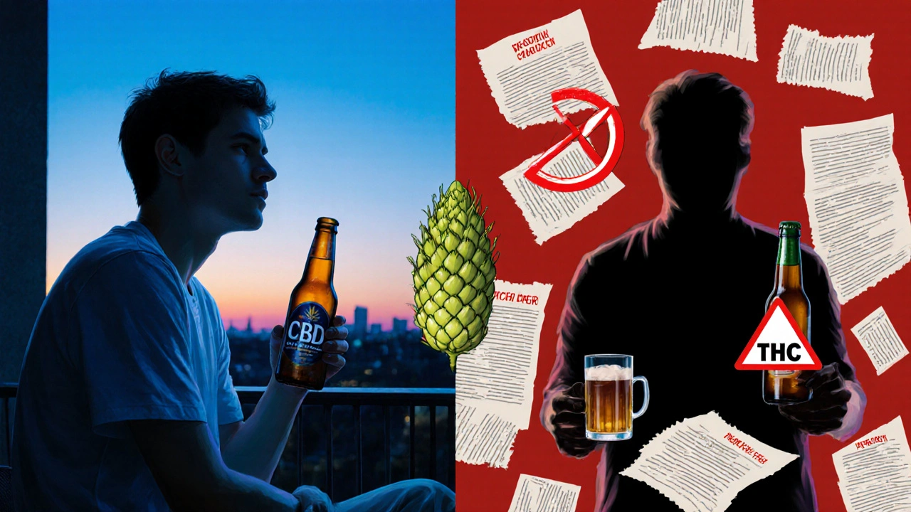 Zwei Wege: entspannte Person mit CBD-Bier und verschwommene Warnung vor THC-Bier.