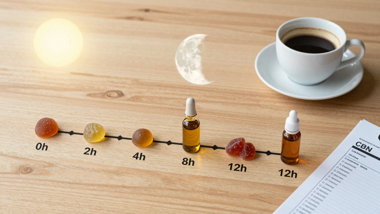 24-Stunden-Timeline mit CBN-Produkten und Zeitpunkten der Wirkung auf Holztisch.