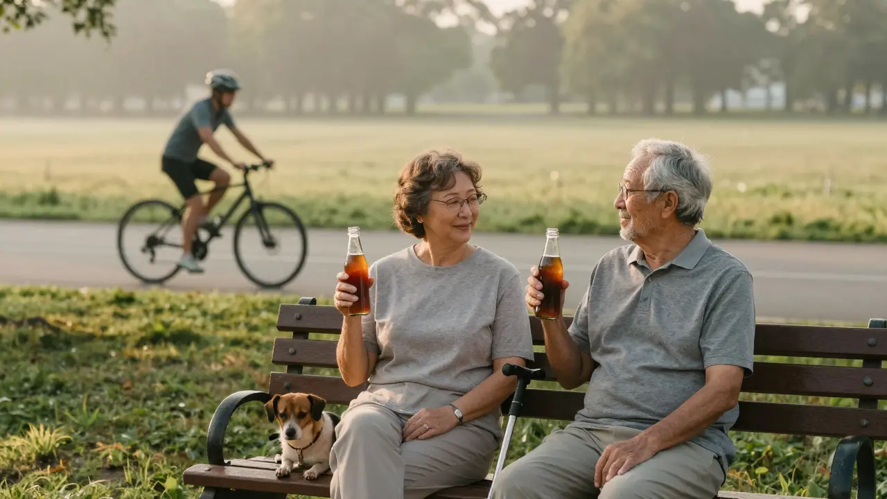 Älteres Paar sitzt friedlich auf einer Parkbank mit CBD-Getränken bei Sonnenaufgang.