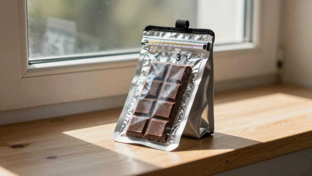 Cannabis-Schokolade in einer isolierten Tasche mit Kühlpaketen auf einem Sonnenfensterbrett in Köln.