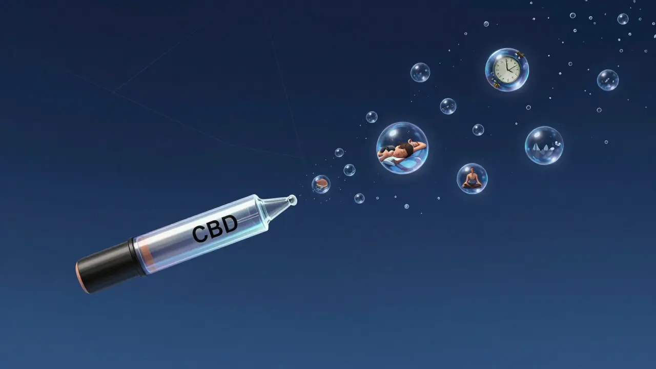 CBD-Kartusche zerfällt in 228 schwebende Tropfen mit Szenen