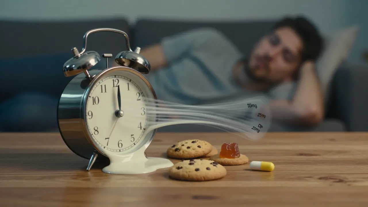 Drei Cannabis-Edibles mit unterschiedlichen THC-Dosen neben einer schmelzenden Uhr, symbolisierend unterschiedliche Wirkdauern.