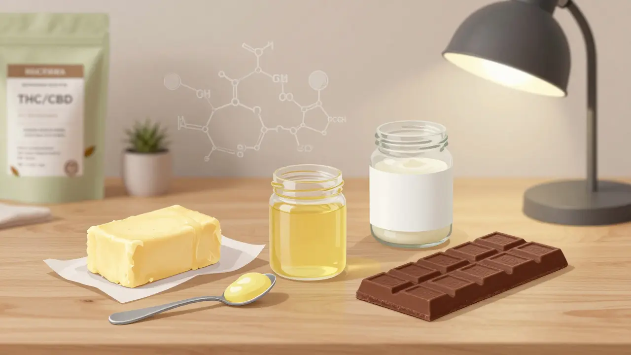 Drei natürliche Fette – Sheabutter, Palmöl und Kokosöl – neben einer Schokolade, die unter Hitze nicht schmilzt.