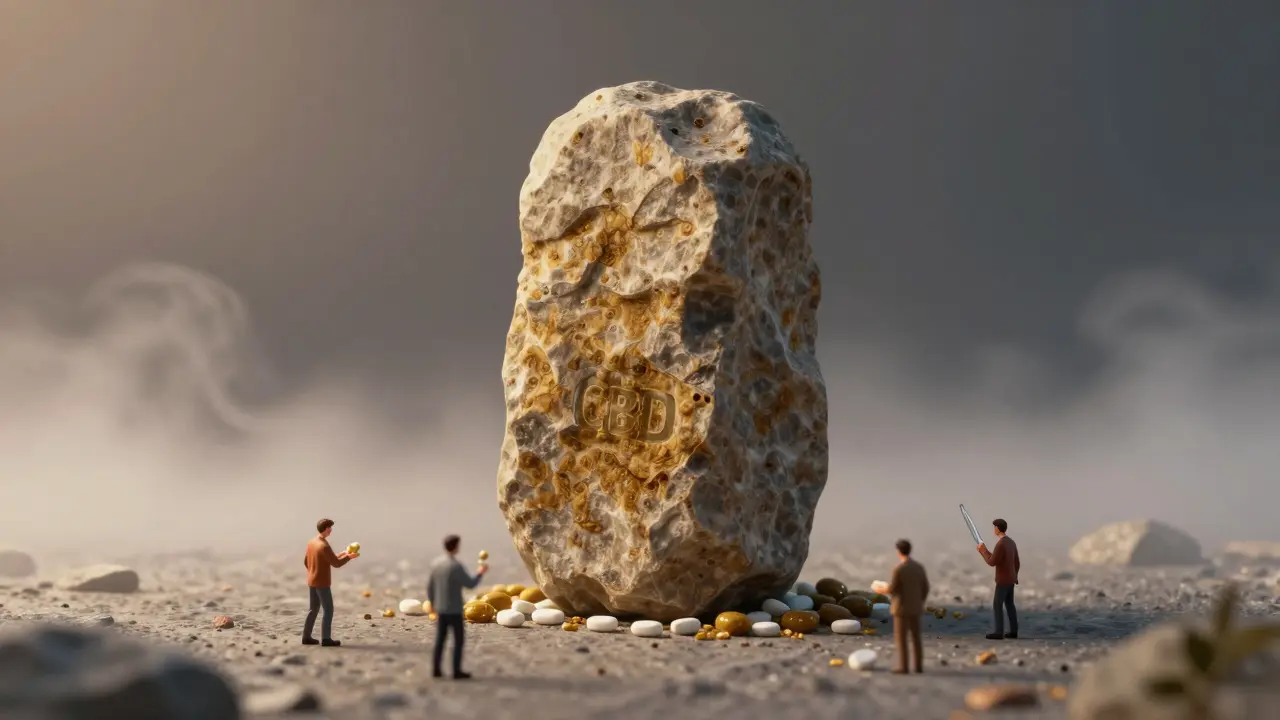 Ein riesiger CBD-Hash-Block überragt winzige Menschen mit Dosiergeräten.