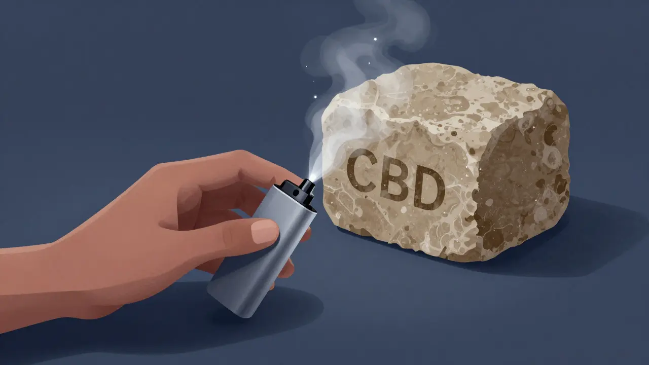 Eine Person dampft eine kleine Menge CBD-Hash mit einem modernen Vaporizer.