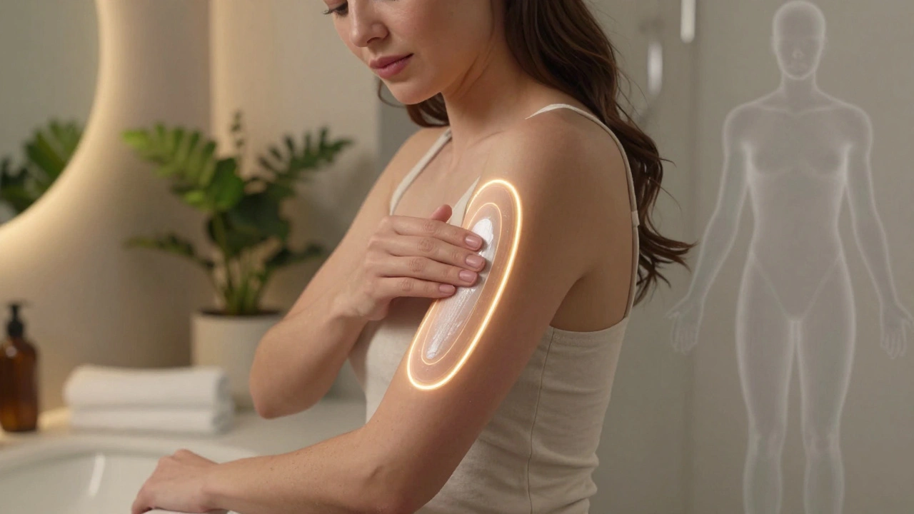 Frau trägt CBD-Creme auf die Haut auf, ohne Wirkung im Körperinneren.