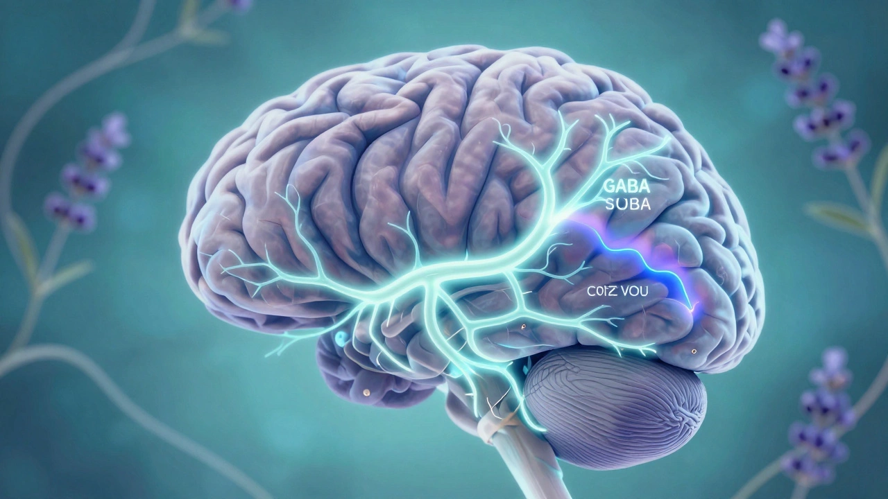 Gehirn mit leuchtenden Nervenbahnen, GABA-Aktivität und sinkendem Cortisol.