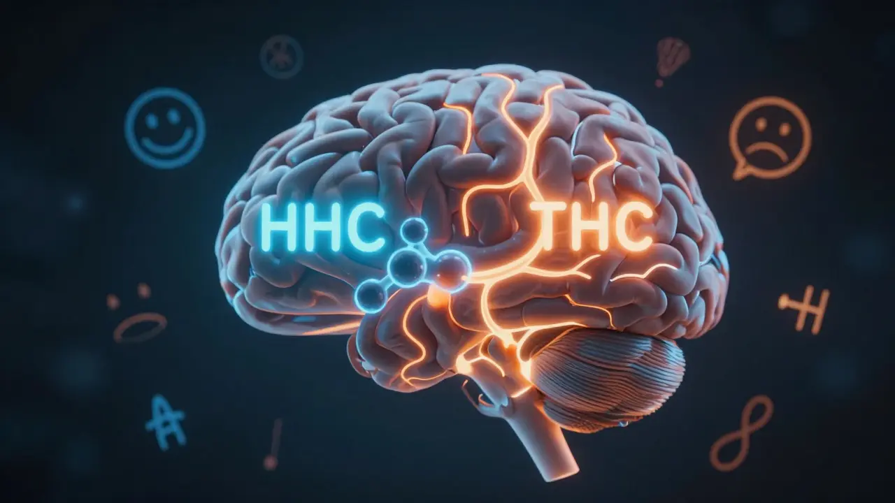 Gehirn mit leuchtenden Rezeptoren, die HHC und THC unterschiedlich aktivieren.