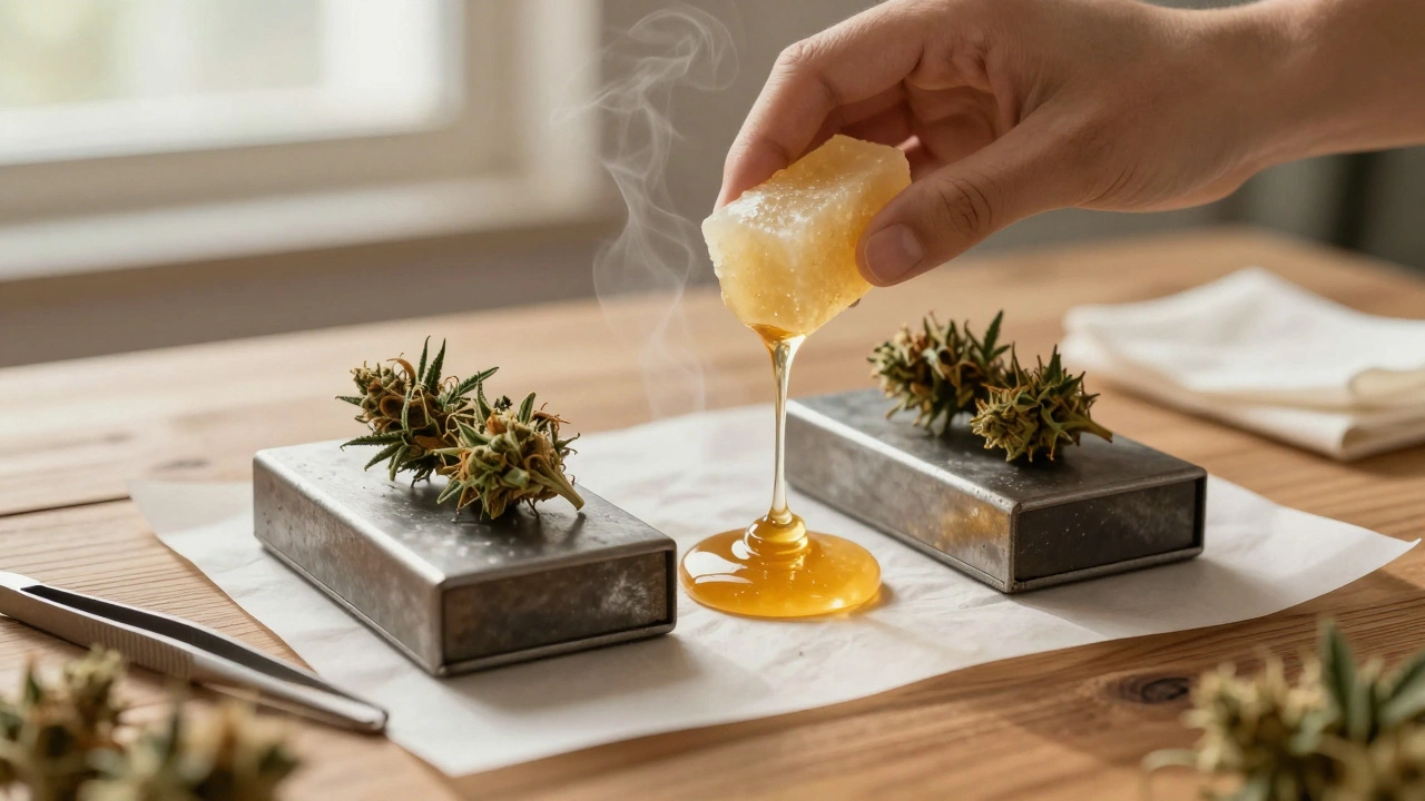 Goldener Rosin-Tropfen, der aus CBD-Blüten zwischen heißen Platten presst