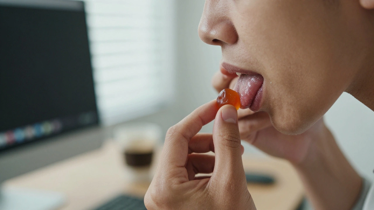 Hand legt eine CBD-Gummibärchen auf die Zunge während eines stressigen Arbeitstags.