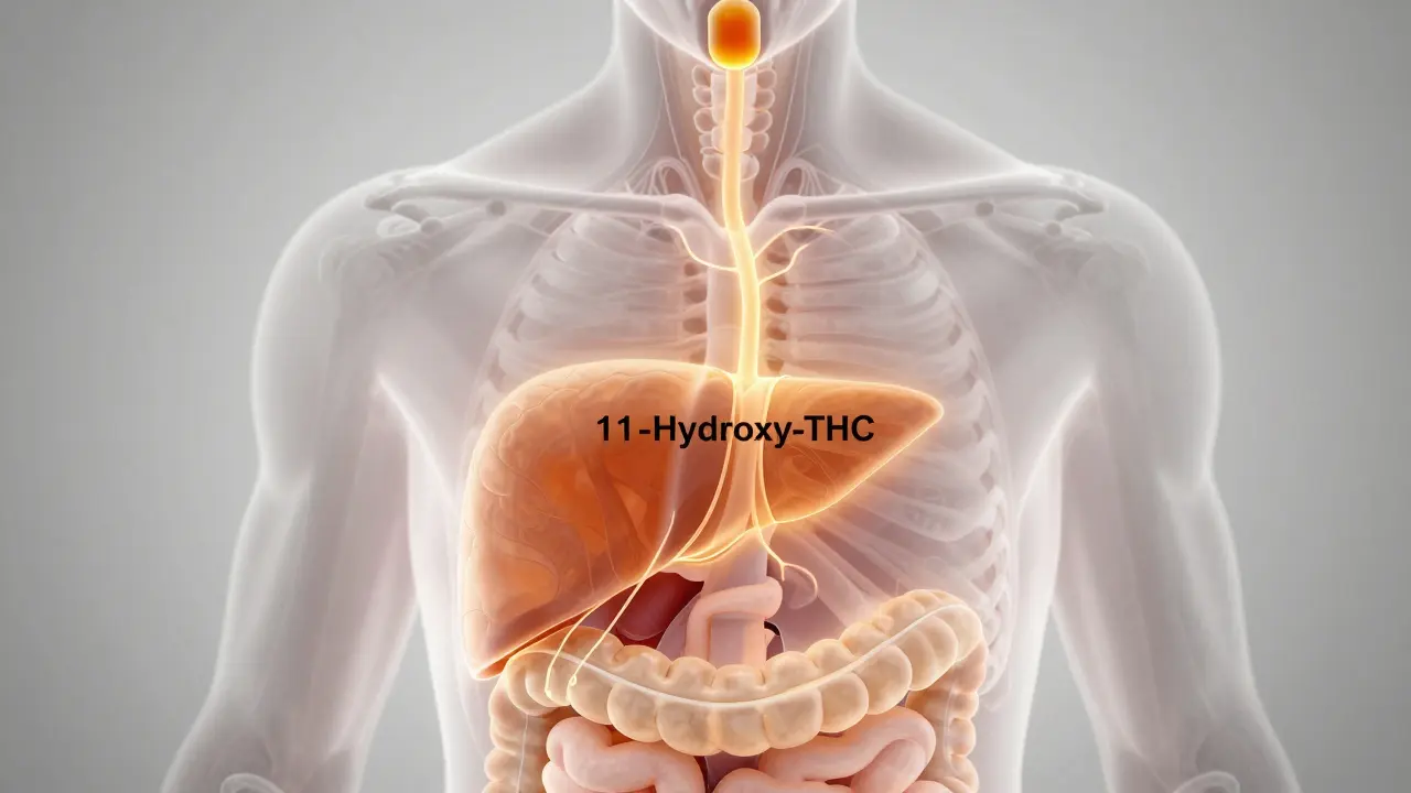 Illustration des Weges von THC durch Körper und Leber zur Umwandlung in 11-Hydroxy-THC.