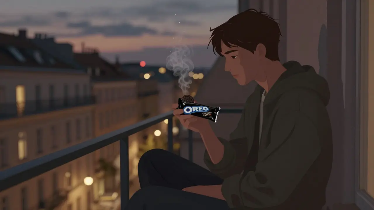 Junge Person auf Balkon mit Oreo-Cannabis-Schokolade, städtische Dämmerung im Hintergrund.