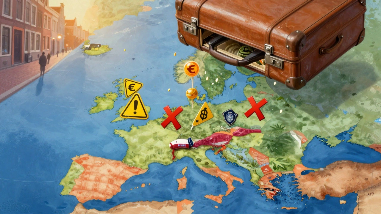 Koffer öffnet sich über Europa, Cannabis-Lutscher lösen sich in Warnsymbole auf, wenn sie Grenzen überschreiten.