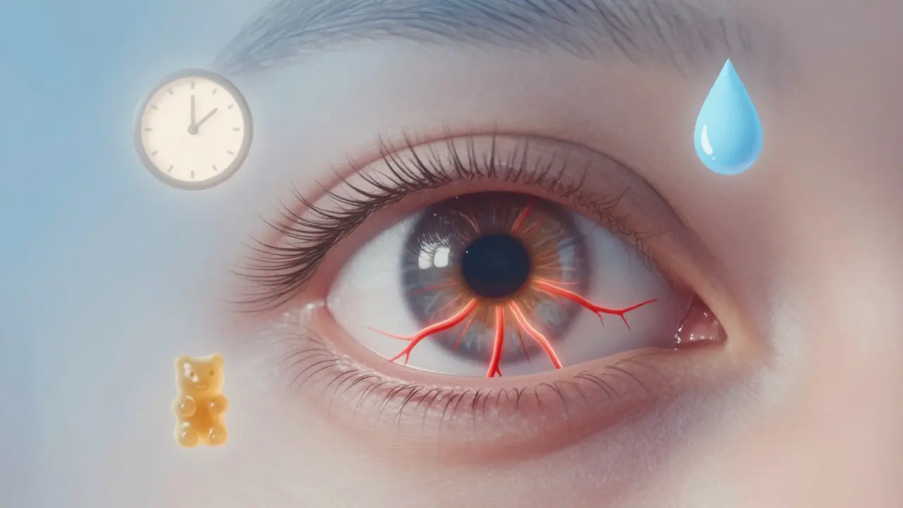 Konzeptuelles Auge mit erweiterten Blutgefäßen, Symbolen für Zeit, Wasser und Kaugummi.