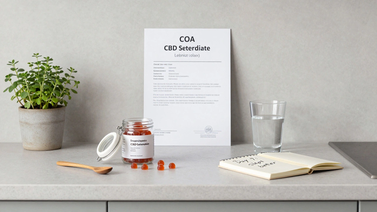 Küchentheke mit CBD-Gummibärchen, Prüfzertifikat und Notizen für eine tägliche Wellness-Routine.