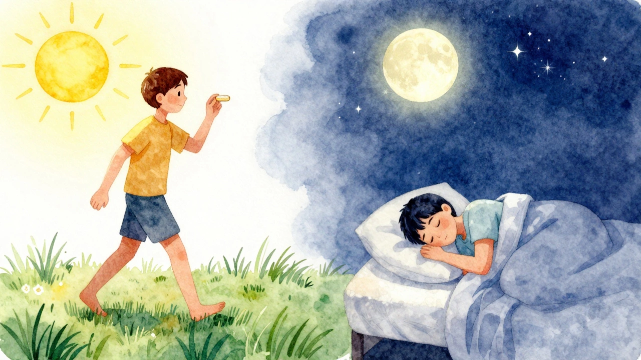 Mann nimmt morgens CBD ein und geht frisch, abends schläft er tief.