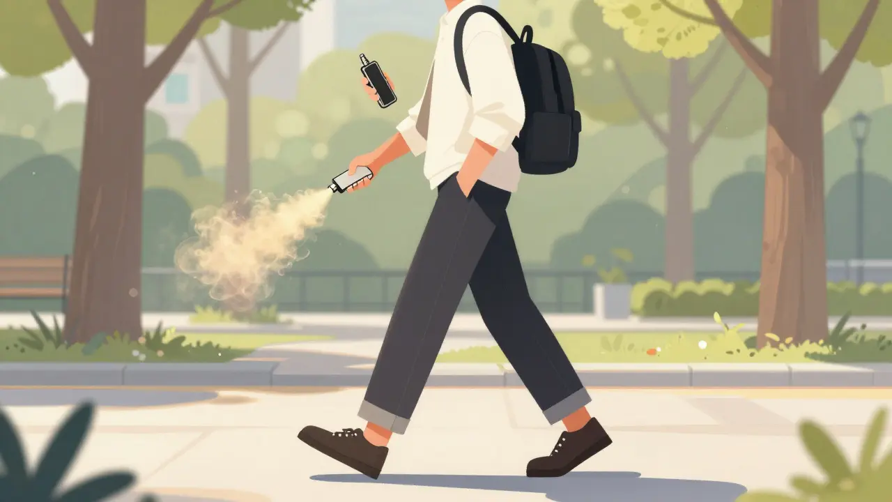 Mensch läuft morgens im Park mit Vape, sonnige, klare Atmosphäre.