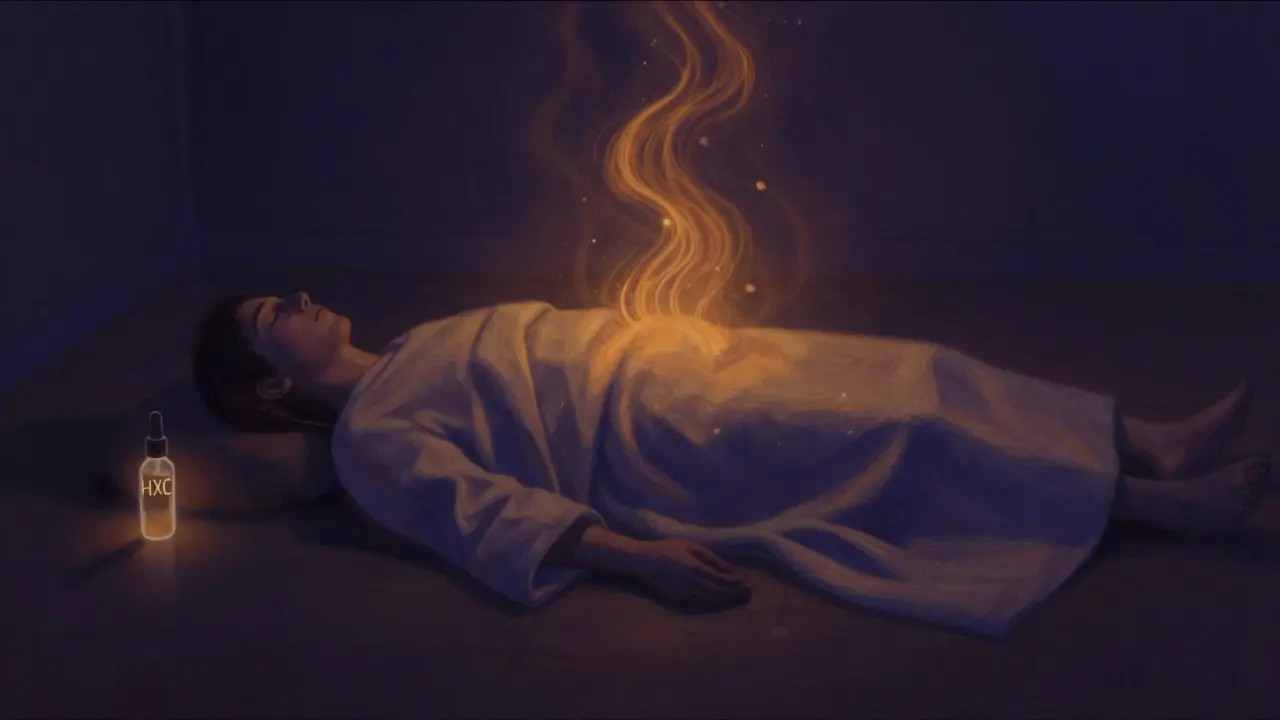 Mensch liegt ruhig auf dem Boden, umgeben von sanften, wellenförmigen Energiestrahlen, die tiefe Entspannung symbolisieren.