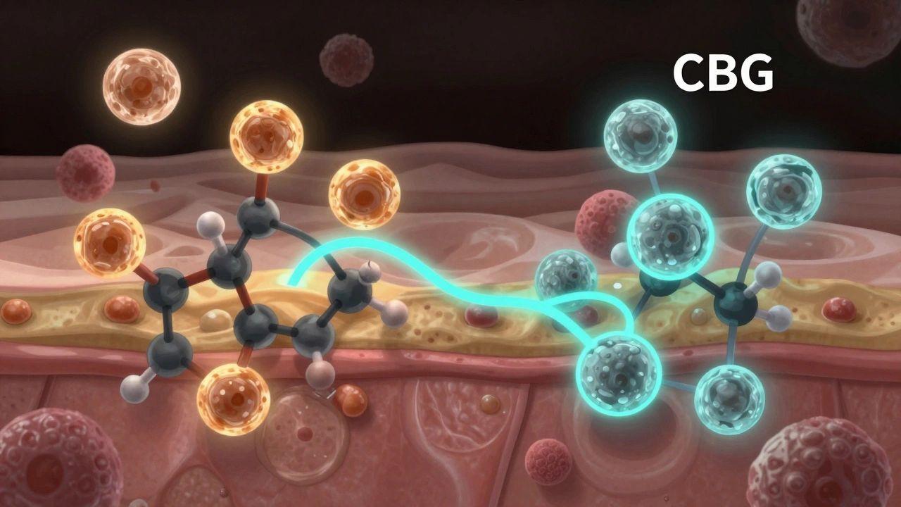 Mikroskopische Ansicht: CBG-Moleküle binden gezielt an CB2-Rezeptoren, CBD wirkt breiter.